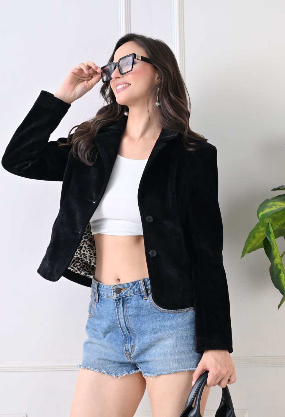 Washed Suede Crop Oversized Bomber Black Tailored Jacket – view 4