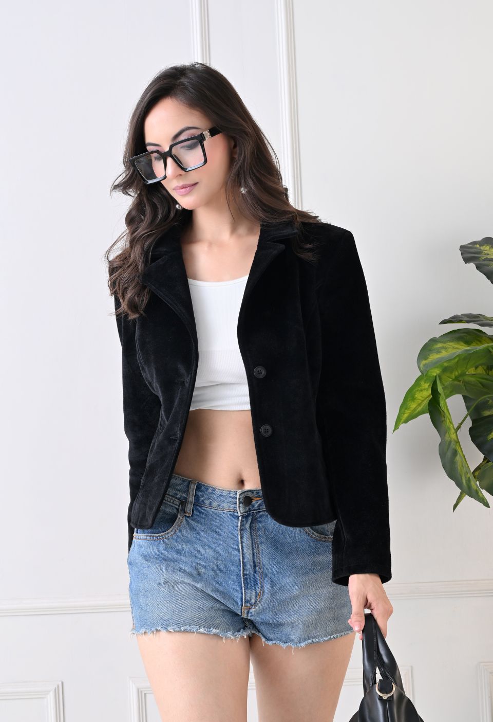 Washed Suede Crop Oversized Bomber Black Tailored Jacket – view 5