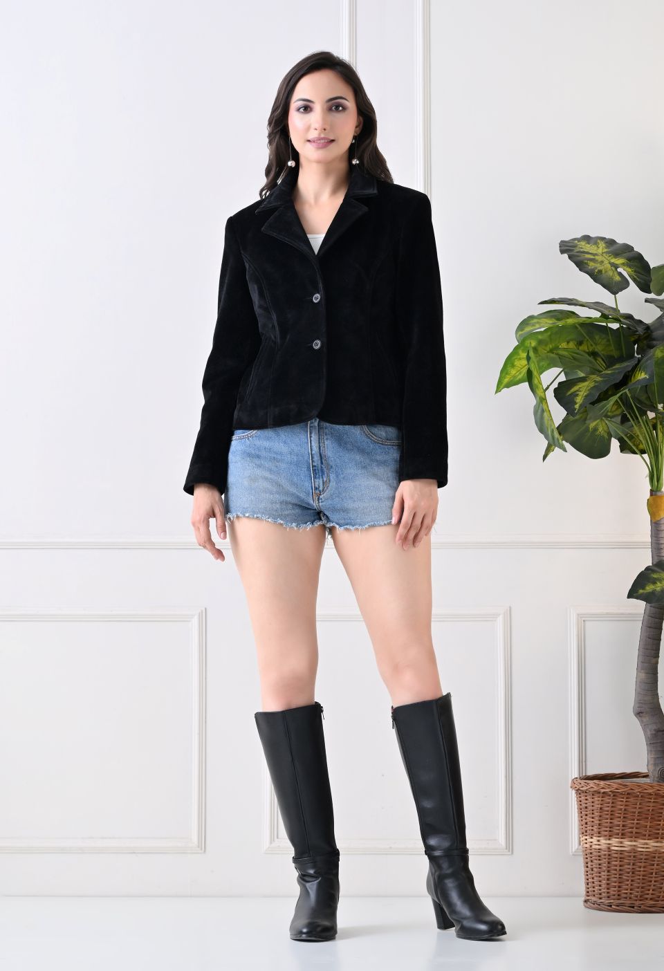 Washed Suede Crop Oversized Bomber Black Tailored Jacket – view 7