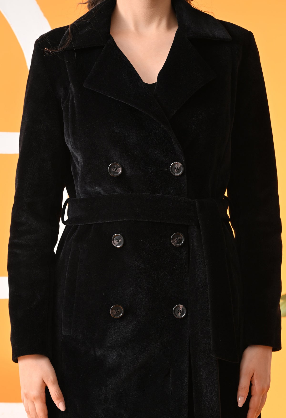 Notched Lapel Double-Breasted Trench Black Coat For Women – view 6