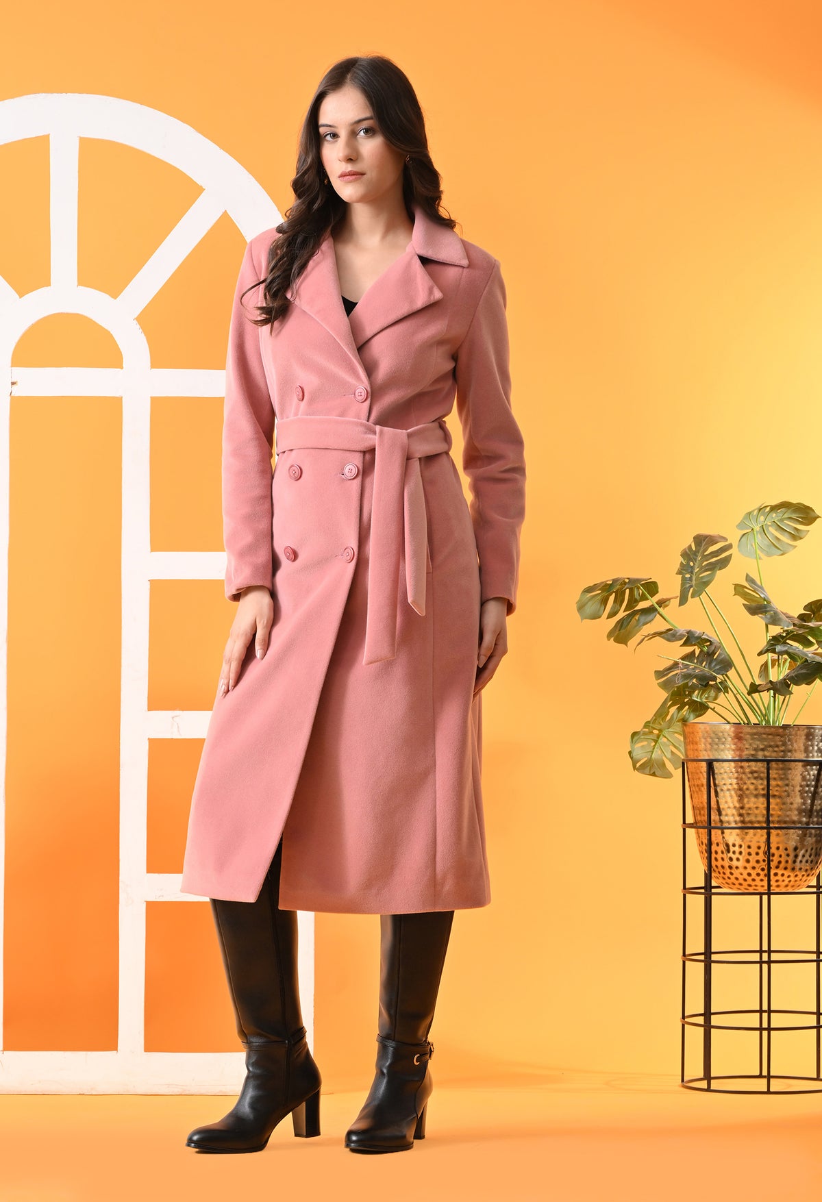 Notched Lapel Double-Breasted Trench Pink Coat For Women – view 4