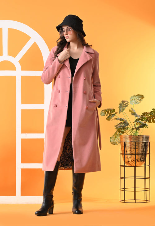 Notched Lapel Double-Breasted Trench Pink Coat For Women