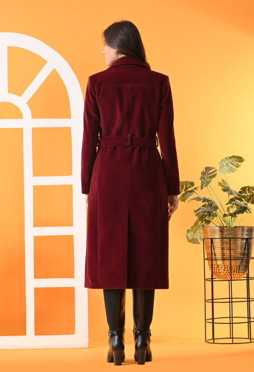 Notched Lapel Double-Breasted Trench Maroon Coat For Women – view 2