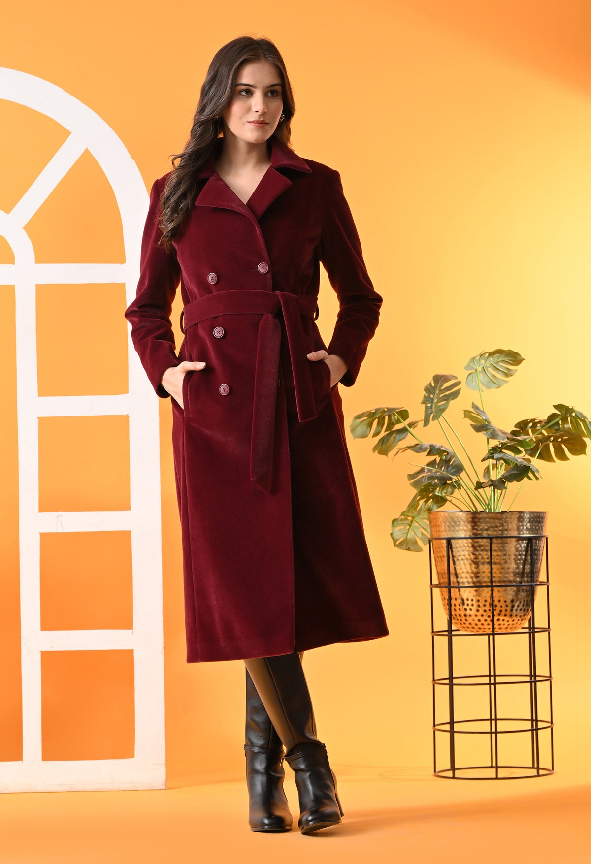 Notched Lapel Double-Breasted Trench Maroon Coat For Women – view 3