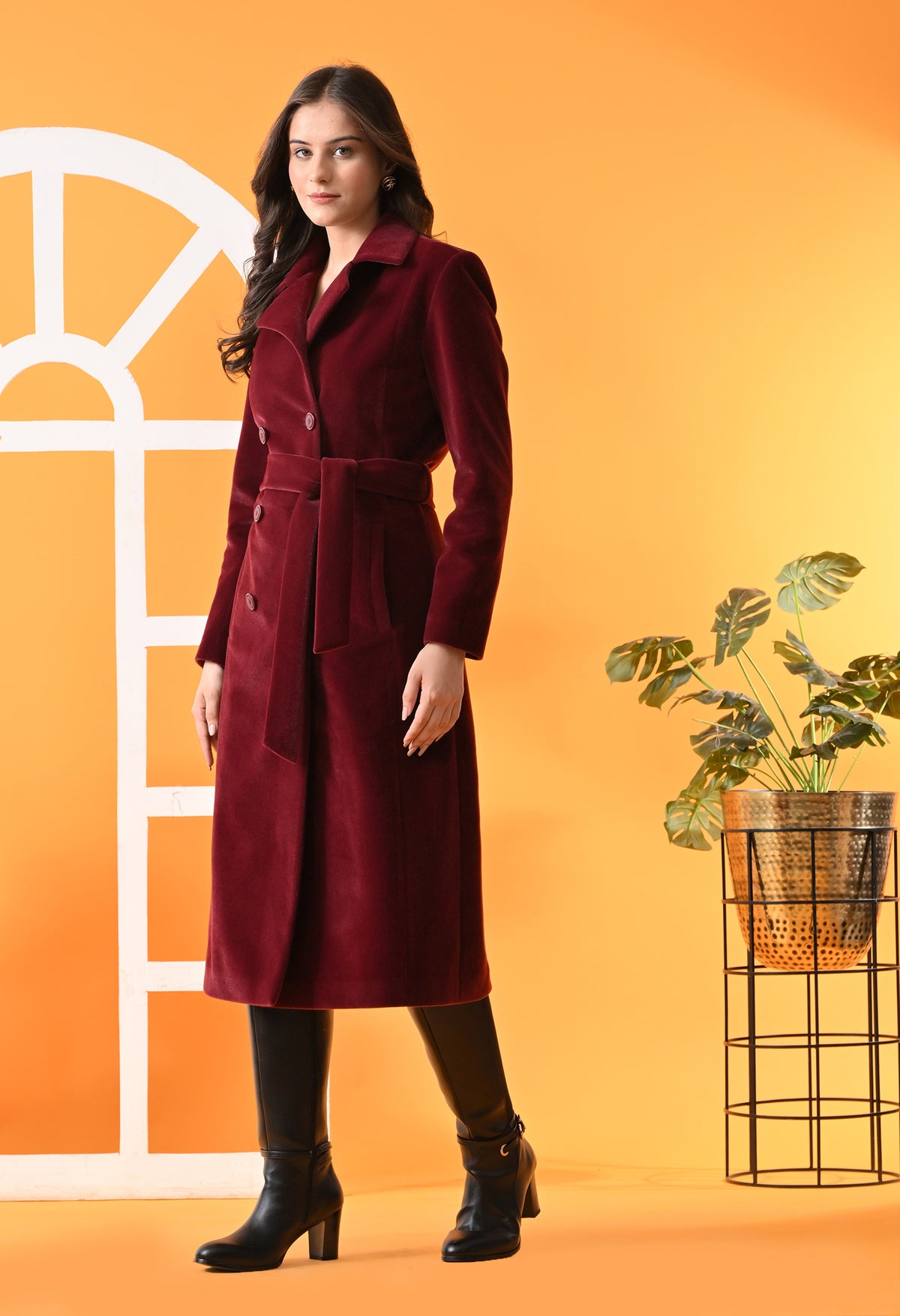 Notched Lapel Double-Breasted Trench Maroon Coat For Women – view 4