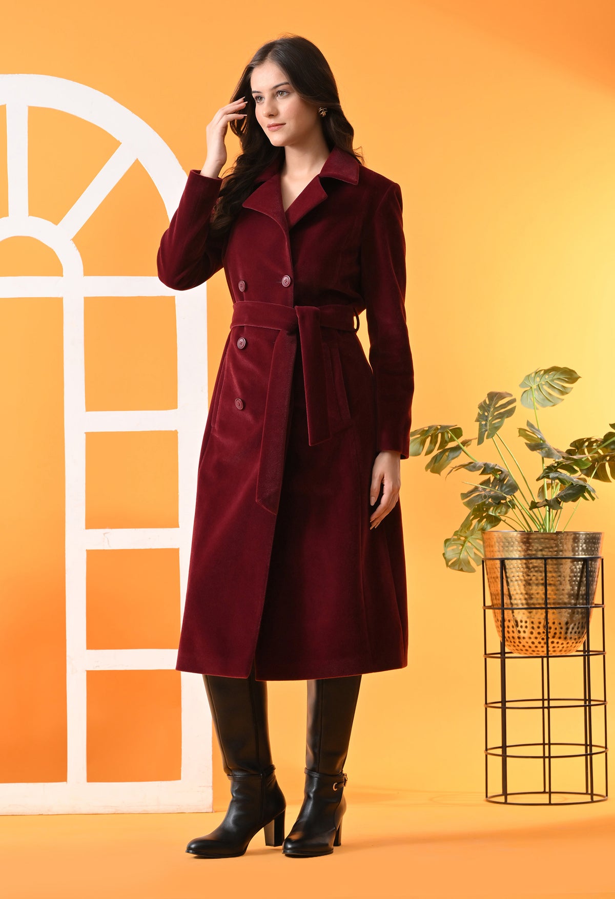 Notched Lapel Double-Breasted Trench Maroon Coat For Women – view 5