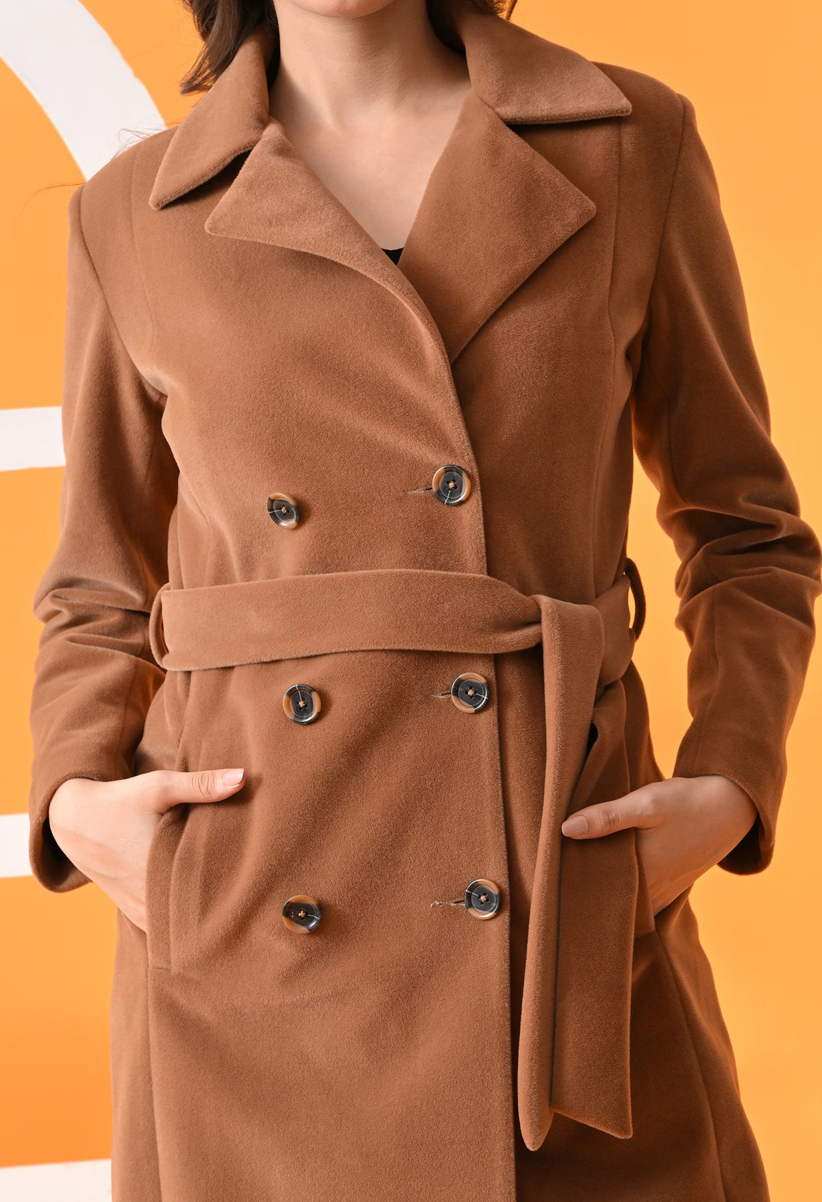 Notched Lapel Double-Breasted Trench Tan Coat For Women – view 5