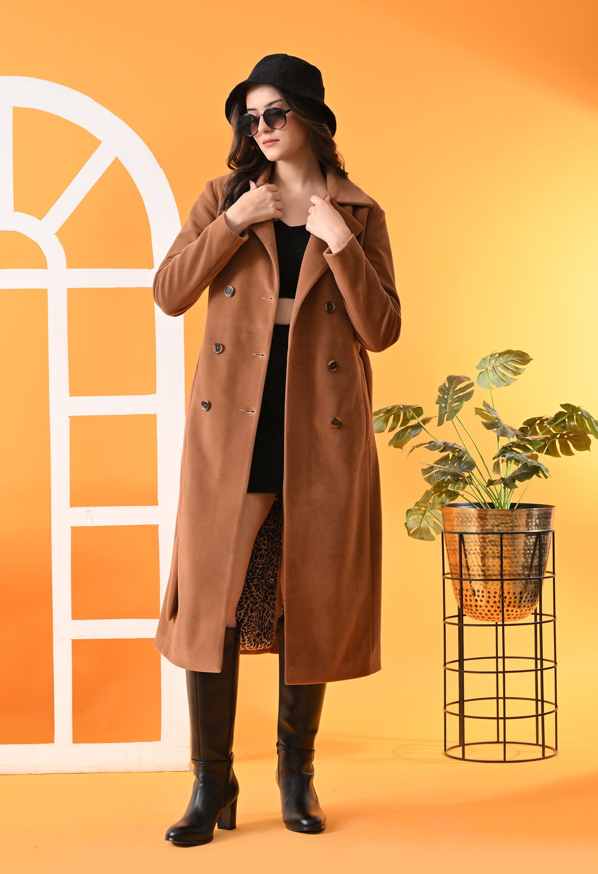 Notched Lapel Double-Breasted Trench Tan Coat For Women