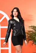 Women Lapel Collar Solid Casual Black Leather Jacket – view 8