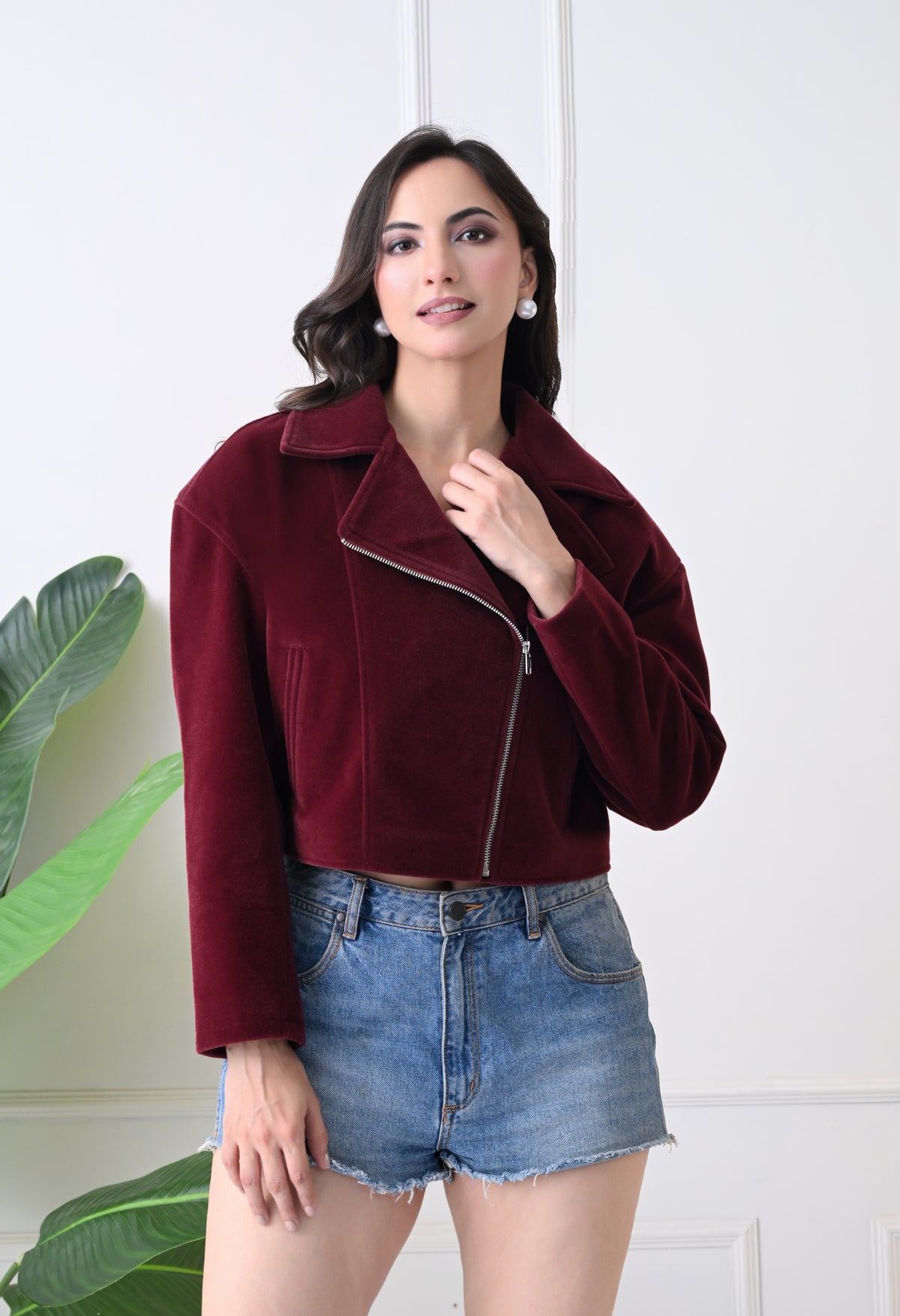 Washed Suede Crop Oversized Bomber Maroon Tailored Jacket – view 2