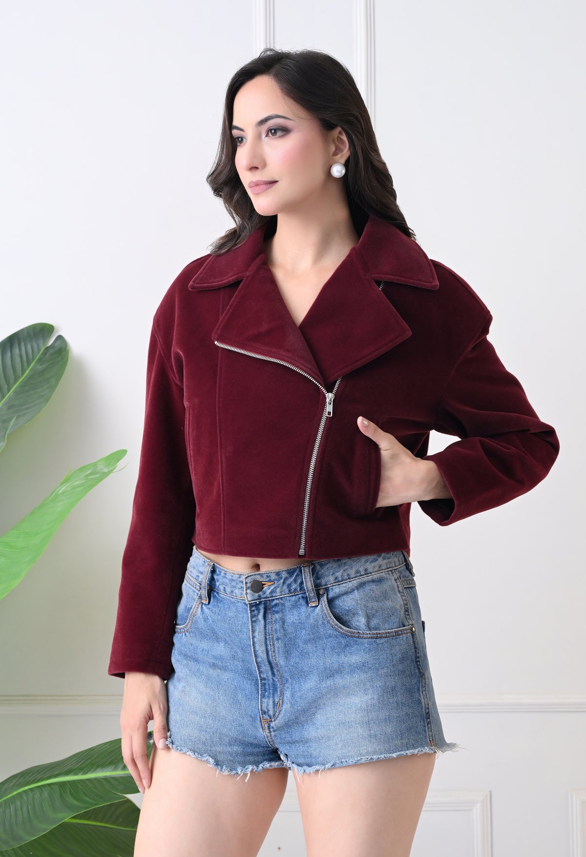 Washed Suede Crop Oversized Bomber Maroon Tailored Jacket – view 4