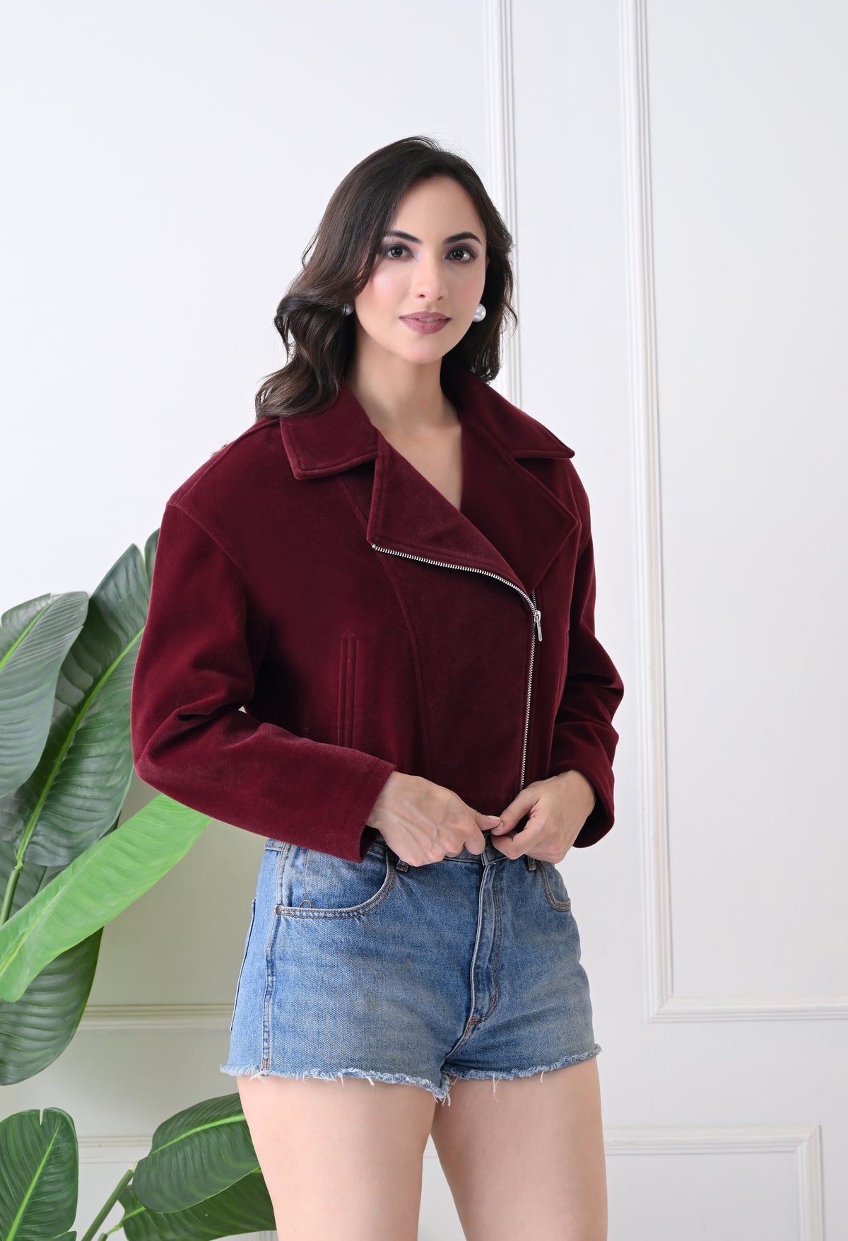 Washed Suede Crop Oversized Bomber Maroon Tailored Jacket – view 5