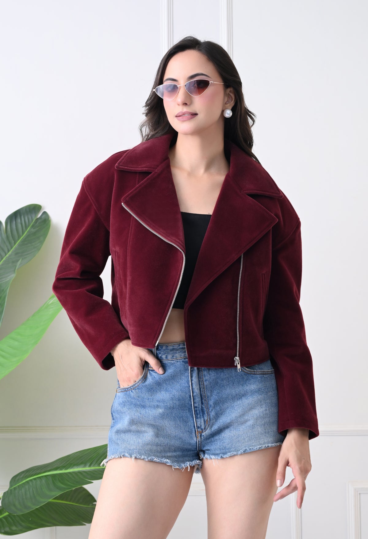 Washed Suede Crop Oversized Bomber Maroon Tailored Jacket