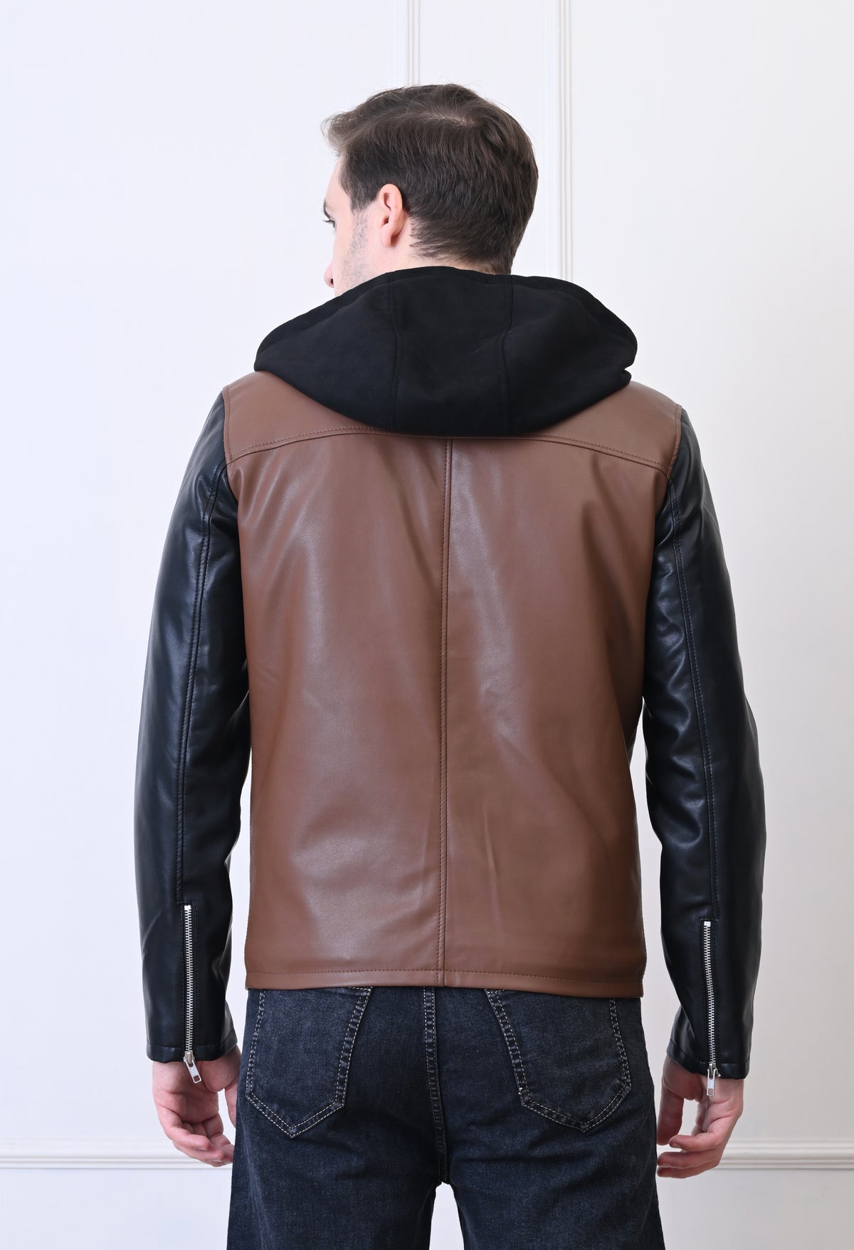 Men Hood Collar Solid Casual Tan Biker Jacket – view 2