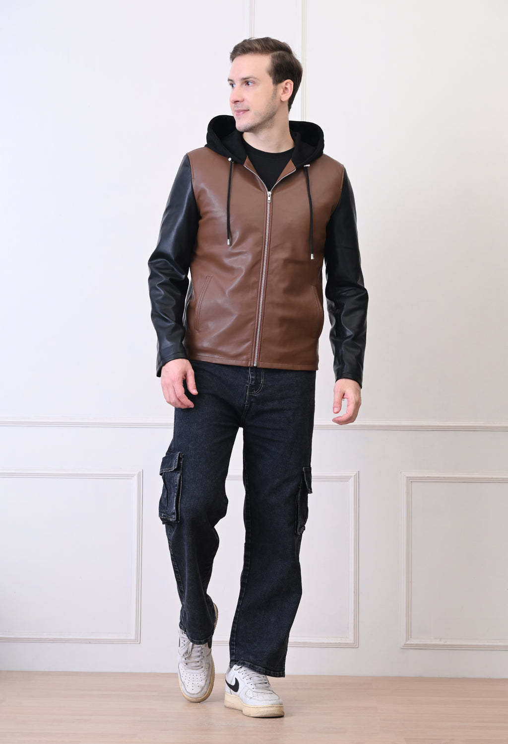 Men Hood Collar Solid Casual Tan Biker Jacket – view 3
