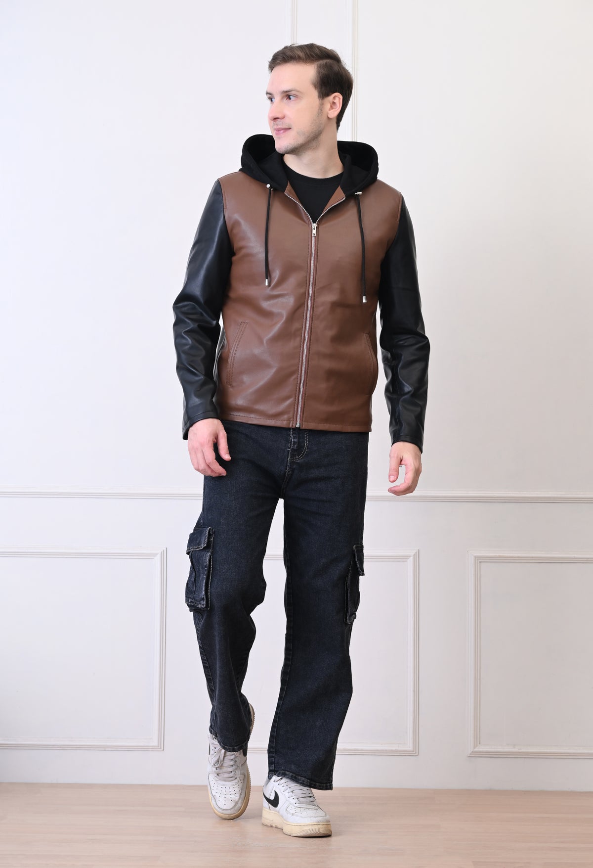 Men Hood Collar Solid Casual Tan Biker Jacket – view 3