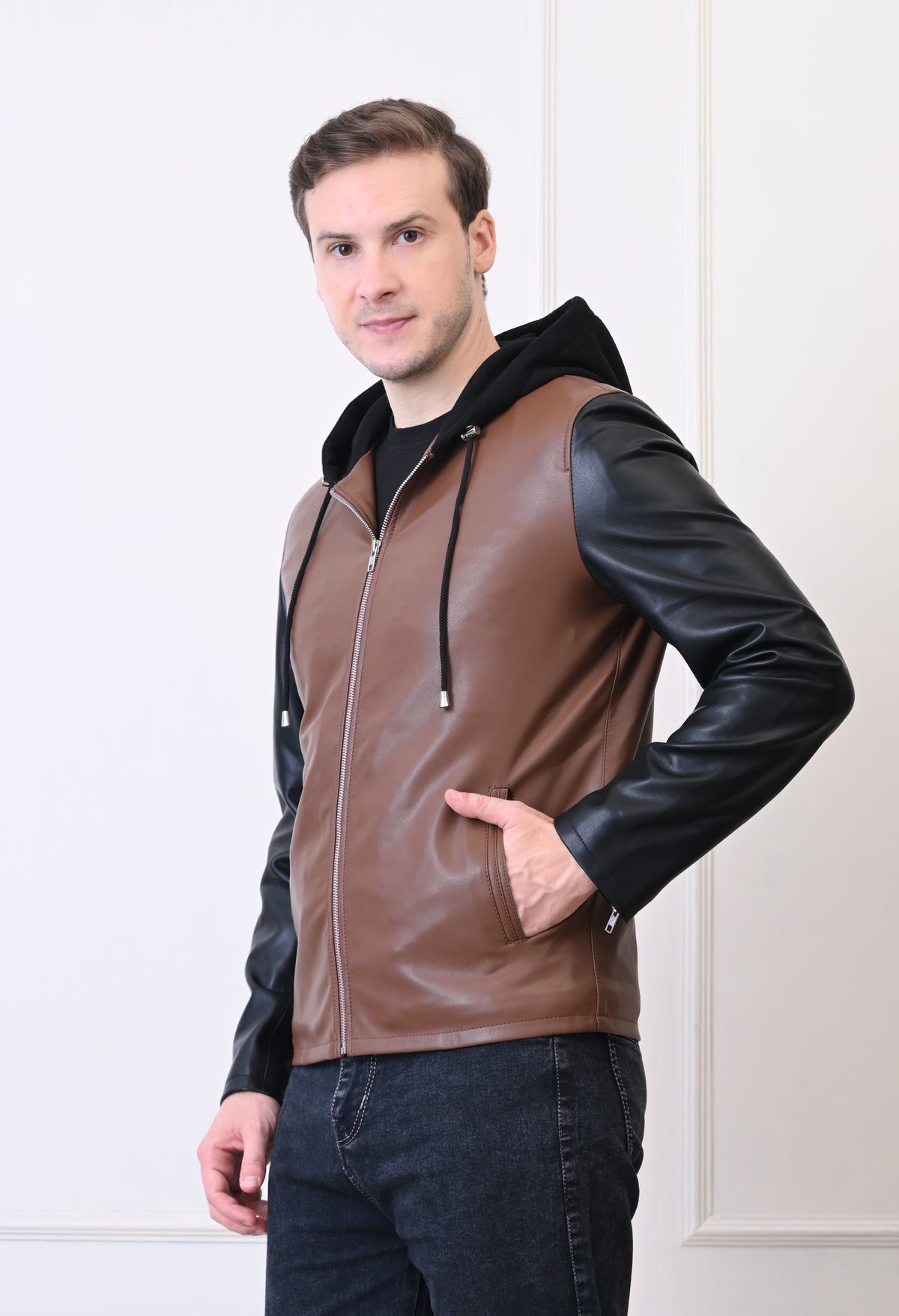 Men Hood Collar Solid Casual Tan Biker Jacket – view 4
