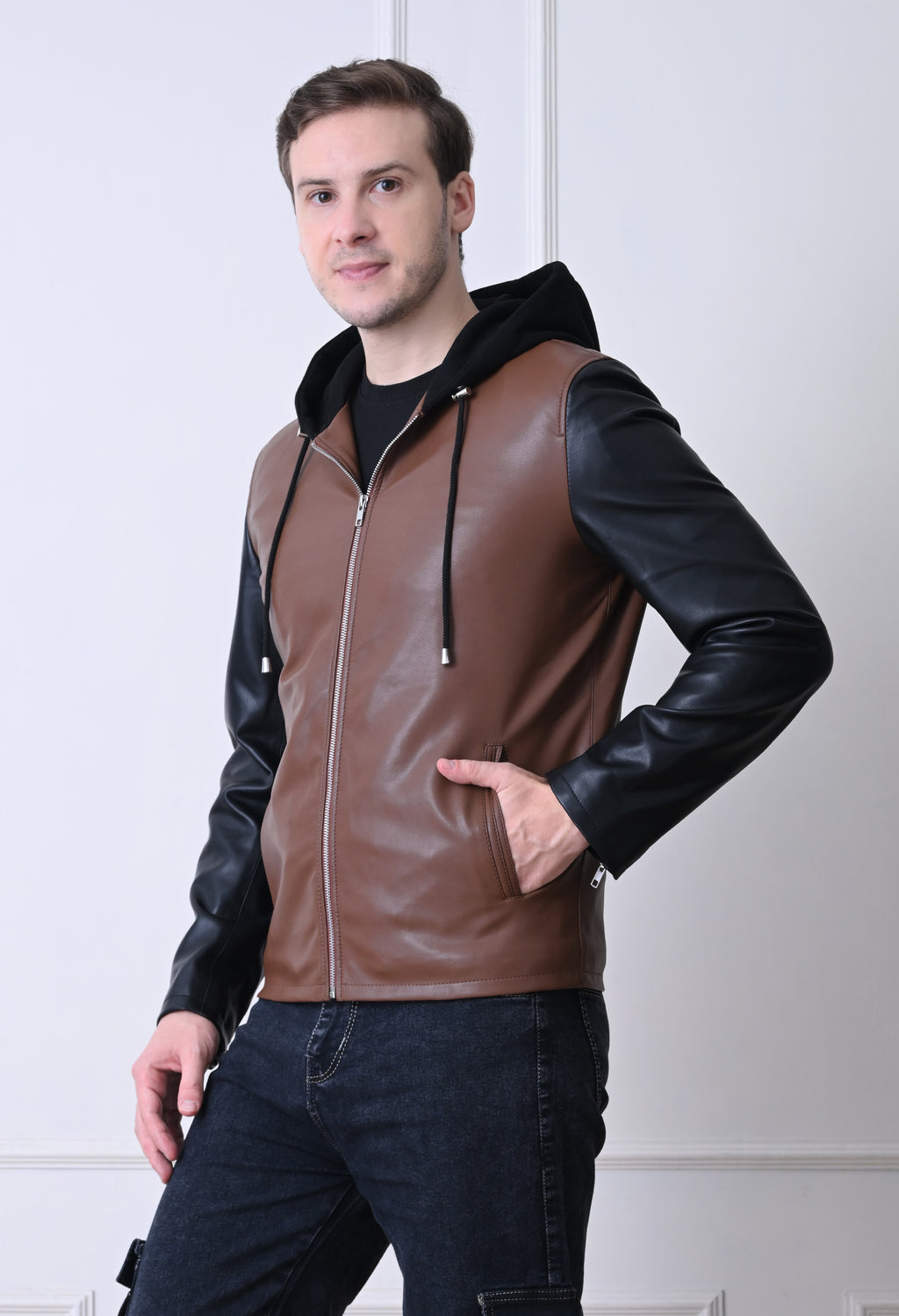 Men Hood Collar Solid Casual Tan Biker Jacket – view 5