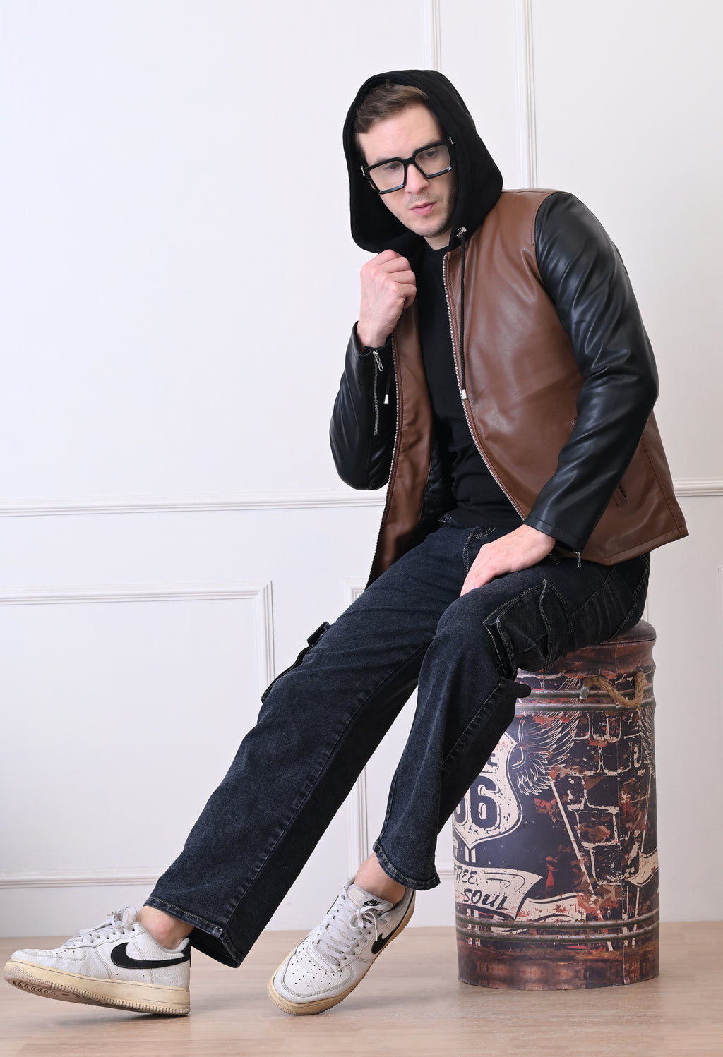 Men Hood Collar Solid Casual Tan Biker Jacket – view 6