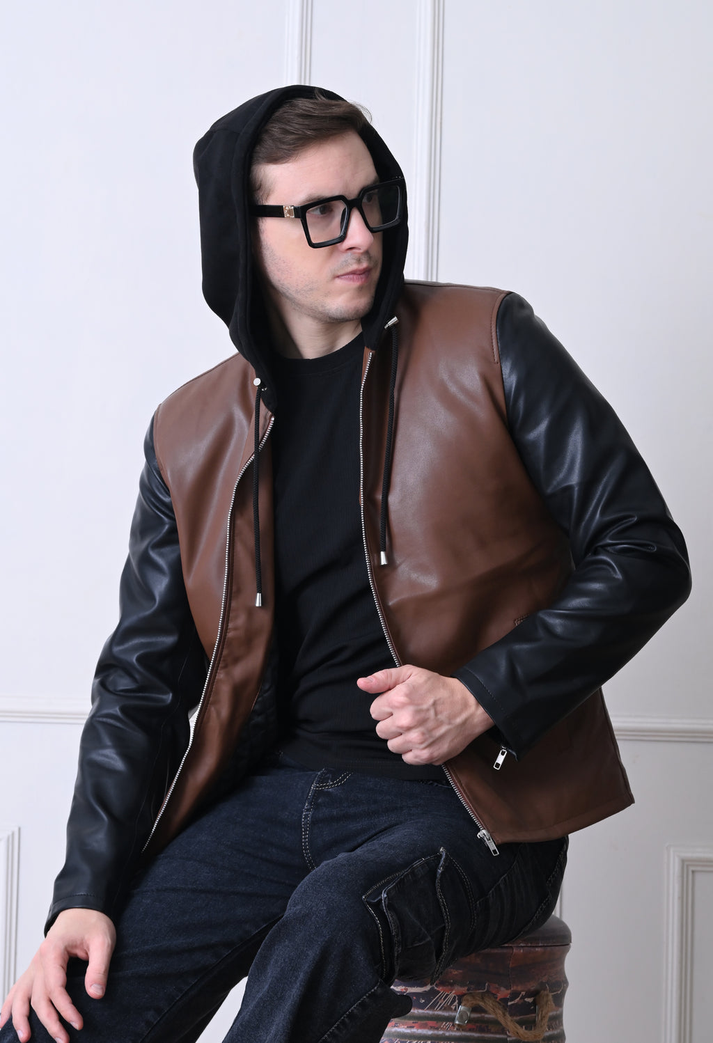 Men Hood Collar Solid Casual Tan Biker Jacket – view 7