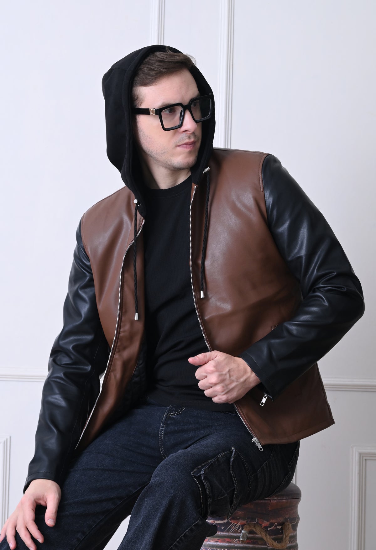 Men Hood Collar Solid Casual Tan Biker Jacket – view 7