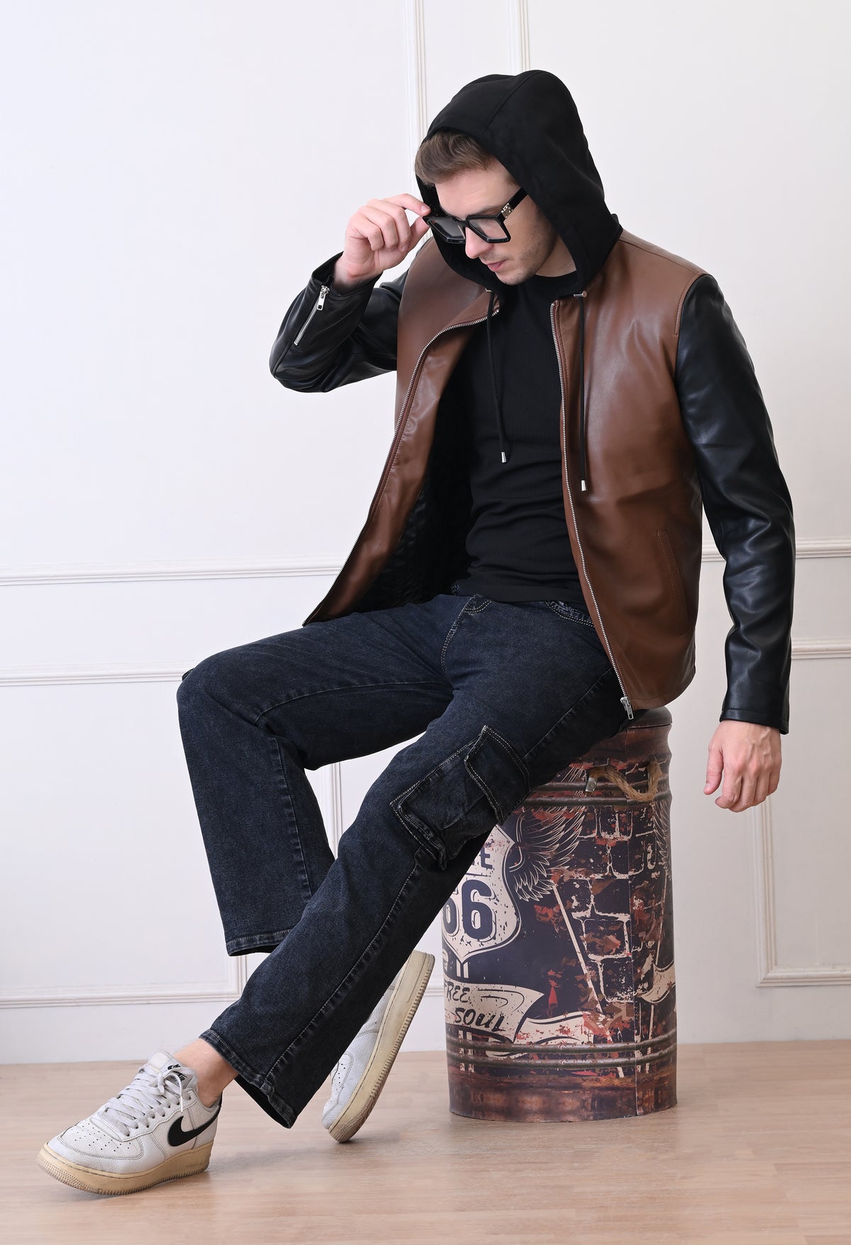 Men Hood Collar Solid Casual Tan Biker Jacket – view 8