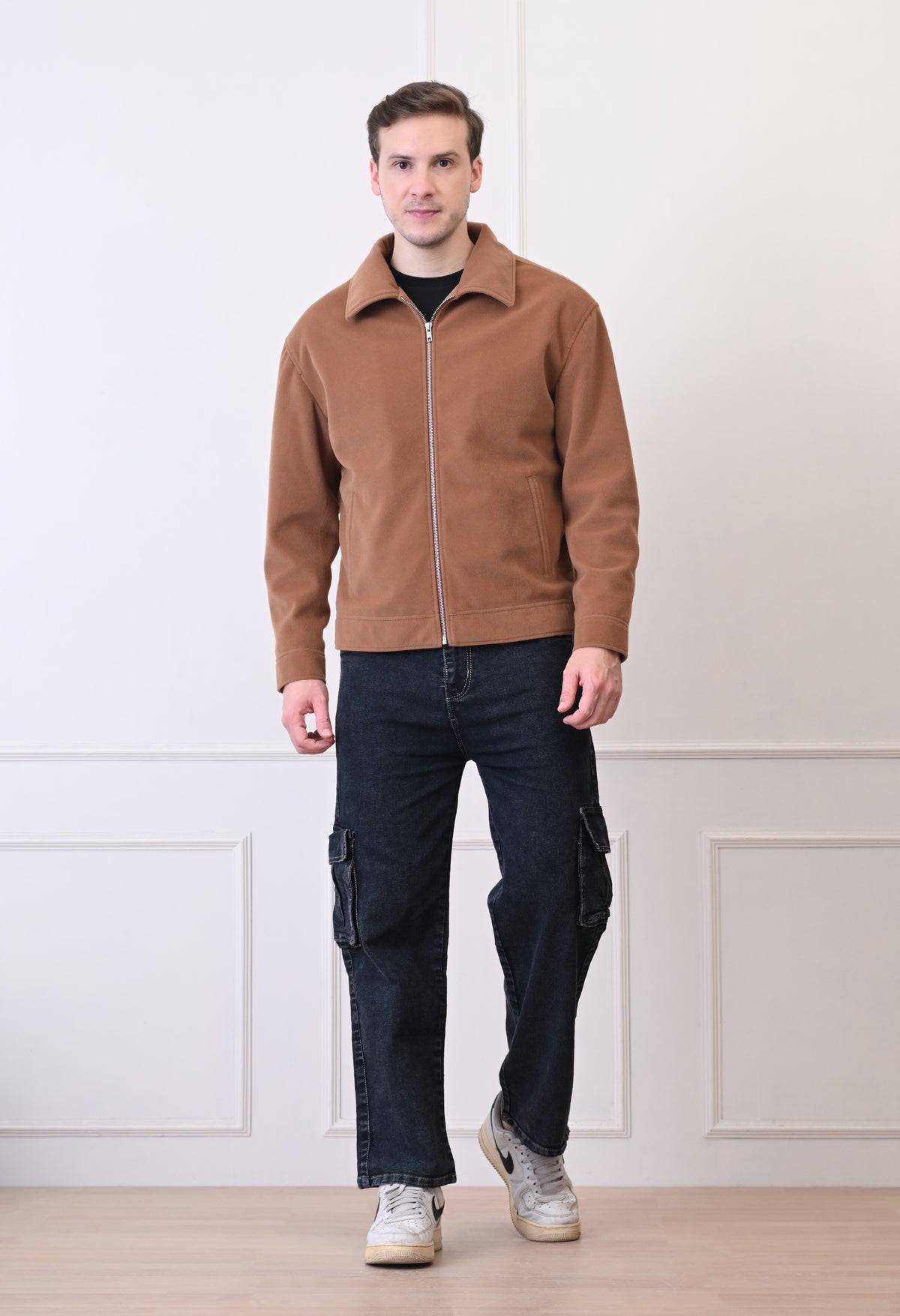 Men Suede Lightweight Tan Bomber Jacket – view 3