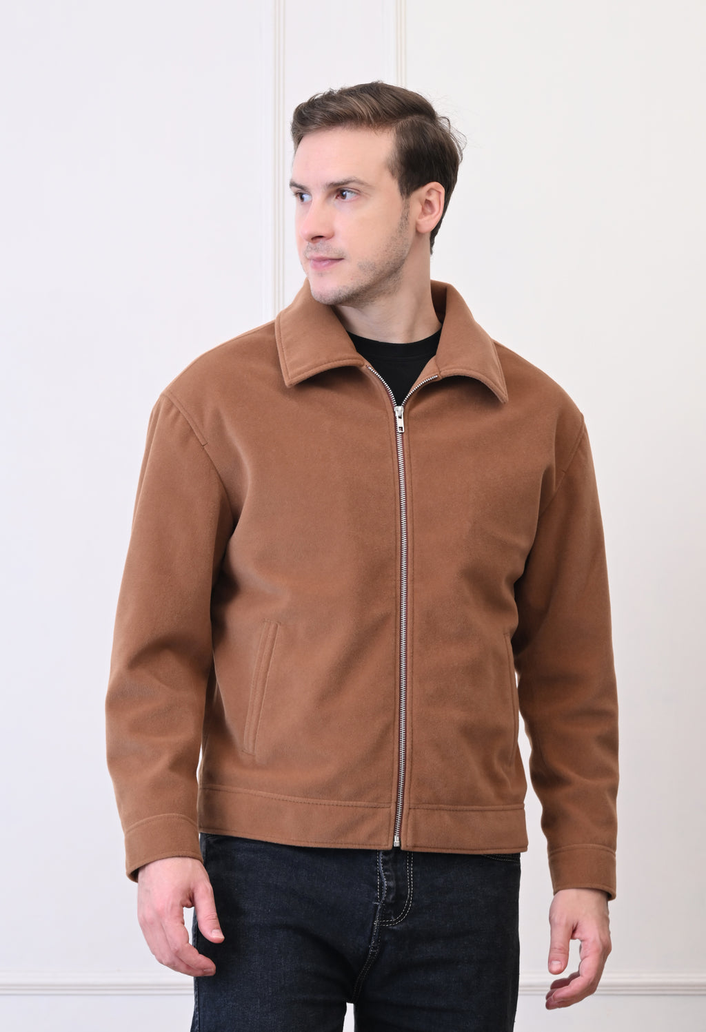 Men Suede Lightweight Tan Bomber Jacket – view 4