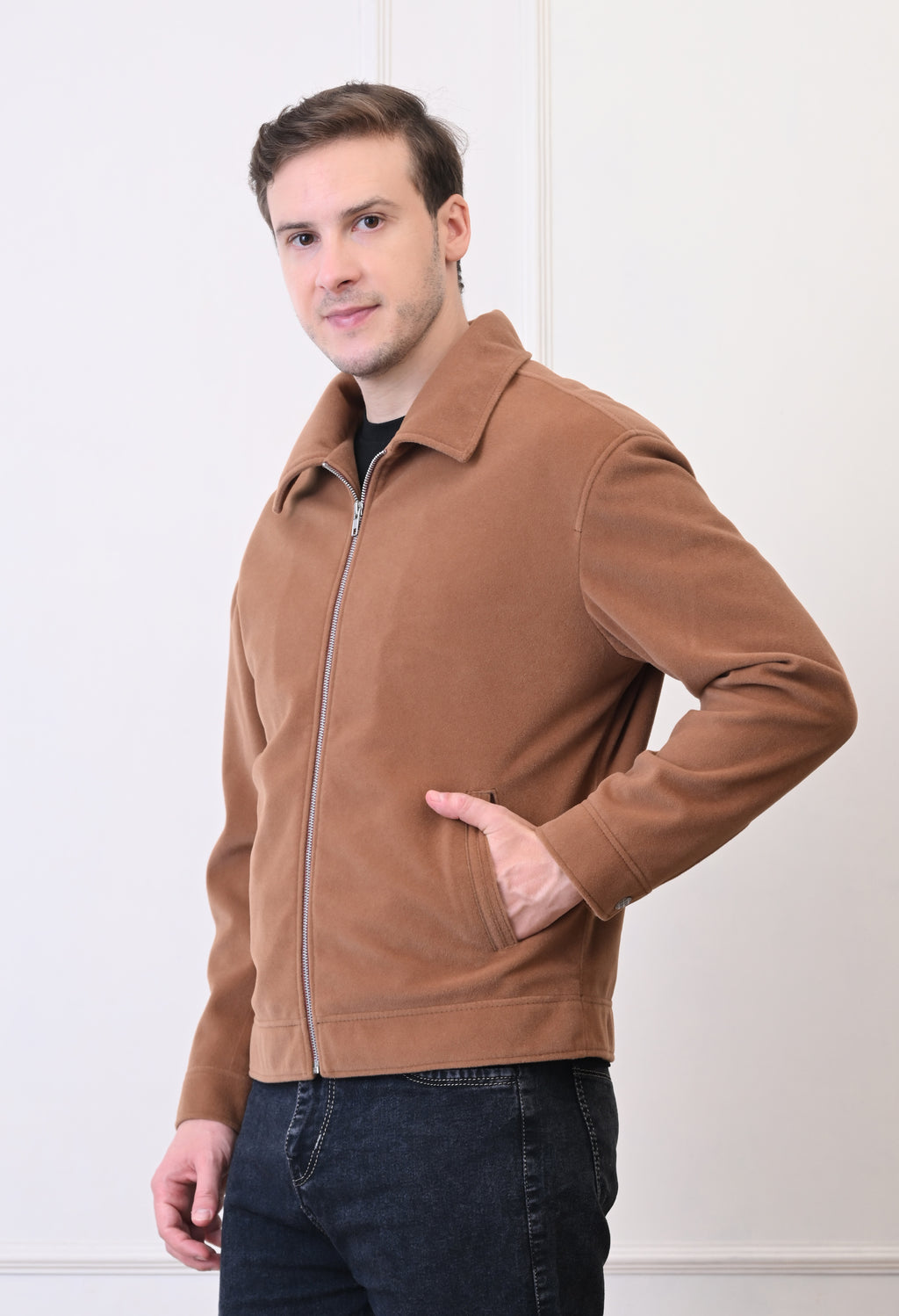 Men Suede Lightweight Tan Bomber Jacket – view 5
