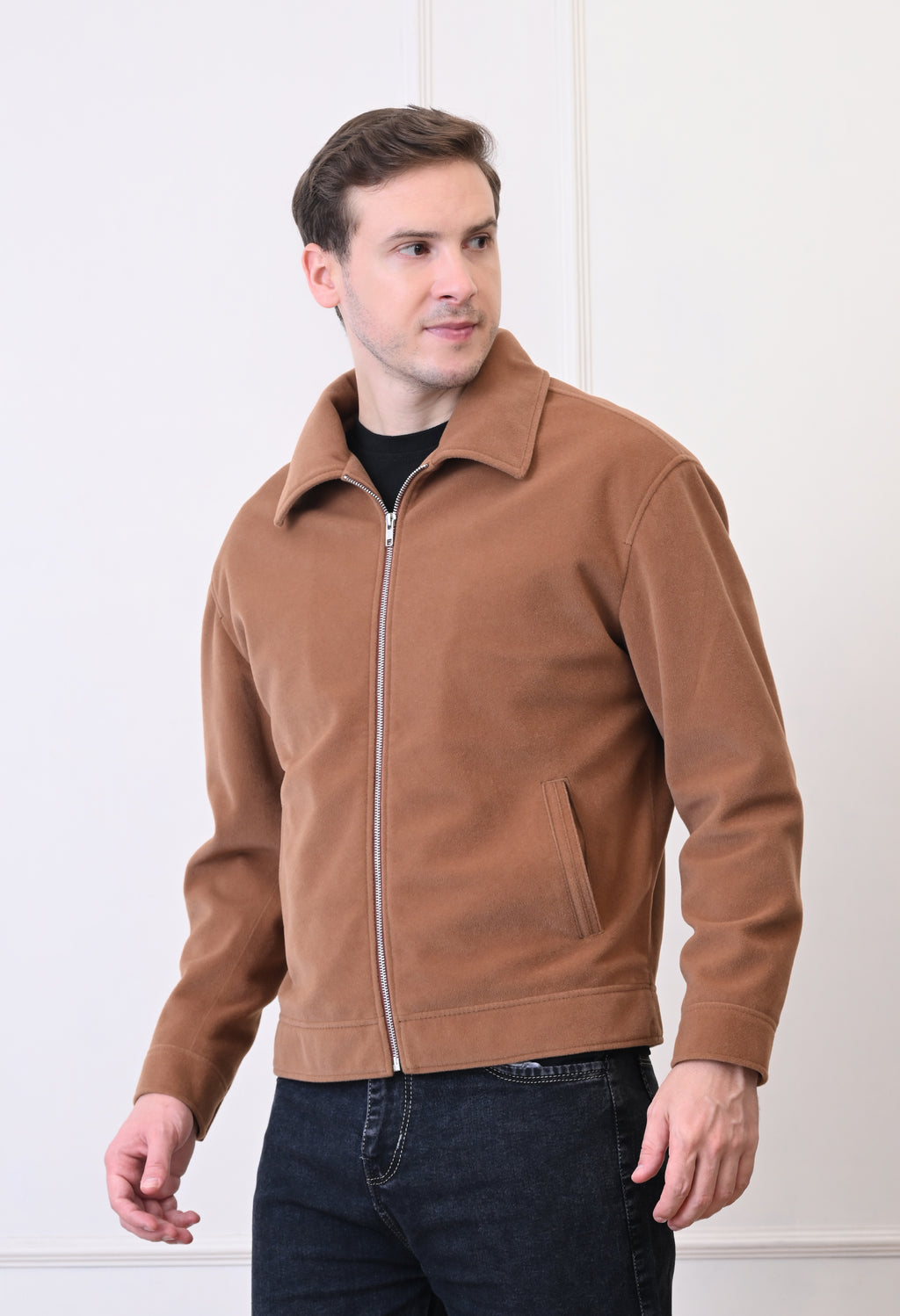 Men Suede Lightweight Tan Bomber Jacket – view 6
