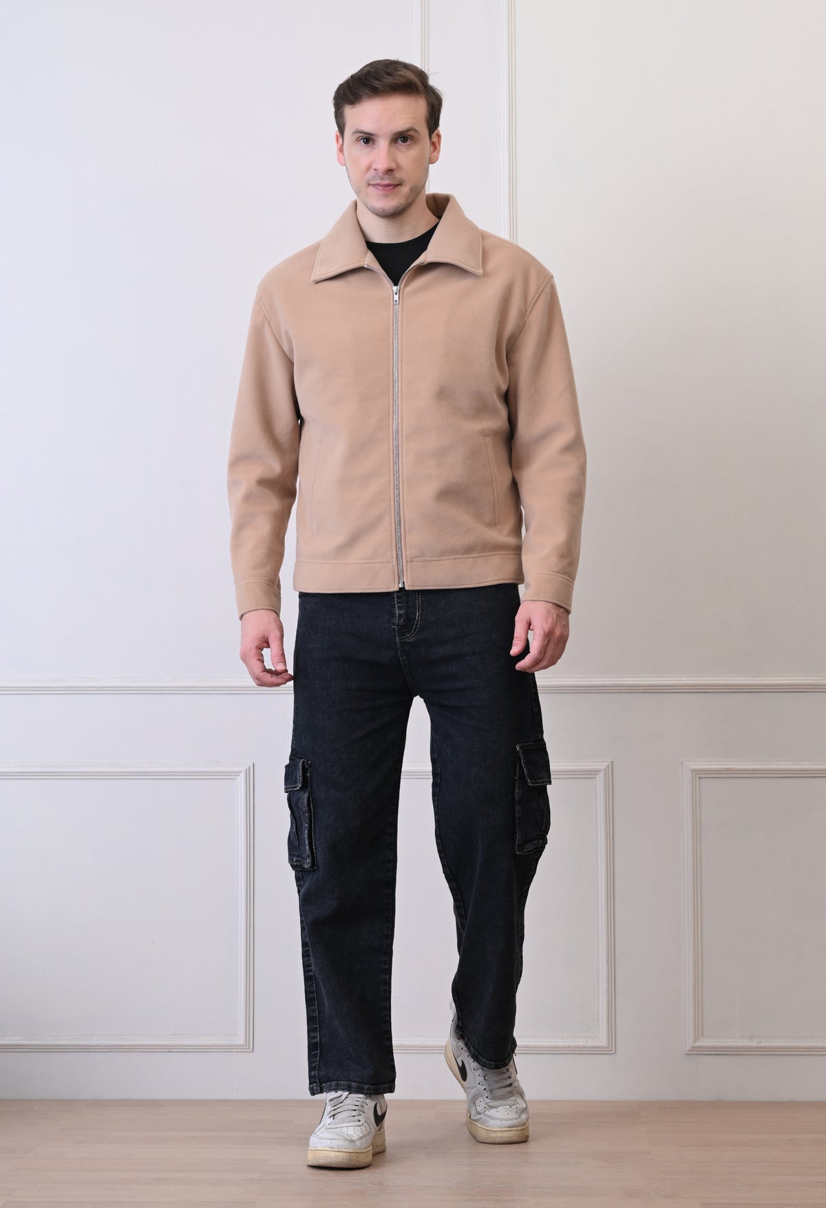 Men Suede Lightweight Beige Bomber Jacket – view 3