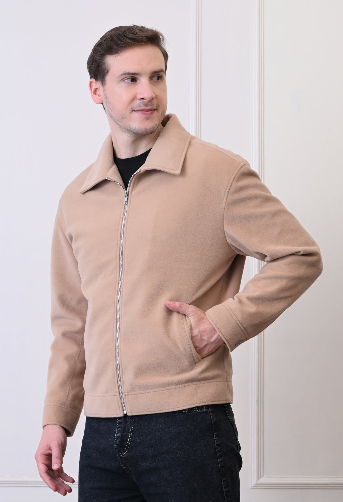 Men Suede Lightweight Beige Bomber Jacket – view 4