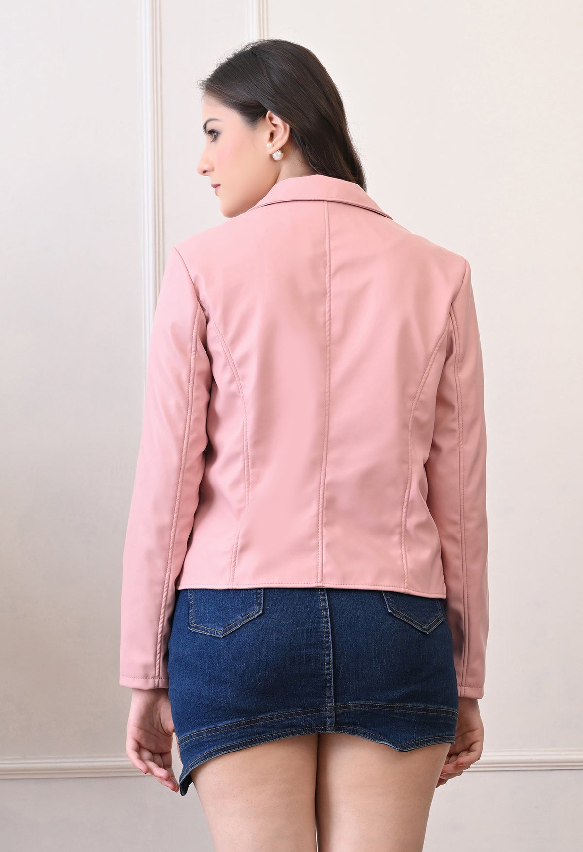 Lapel Collar Leather Water Resistant Crop Outdoor Bomber Pink Jacket For Women – view 2