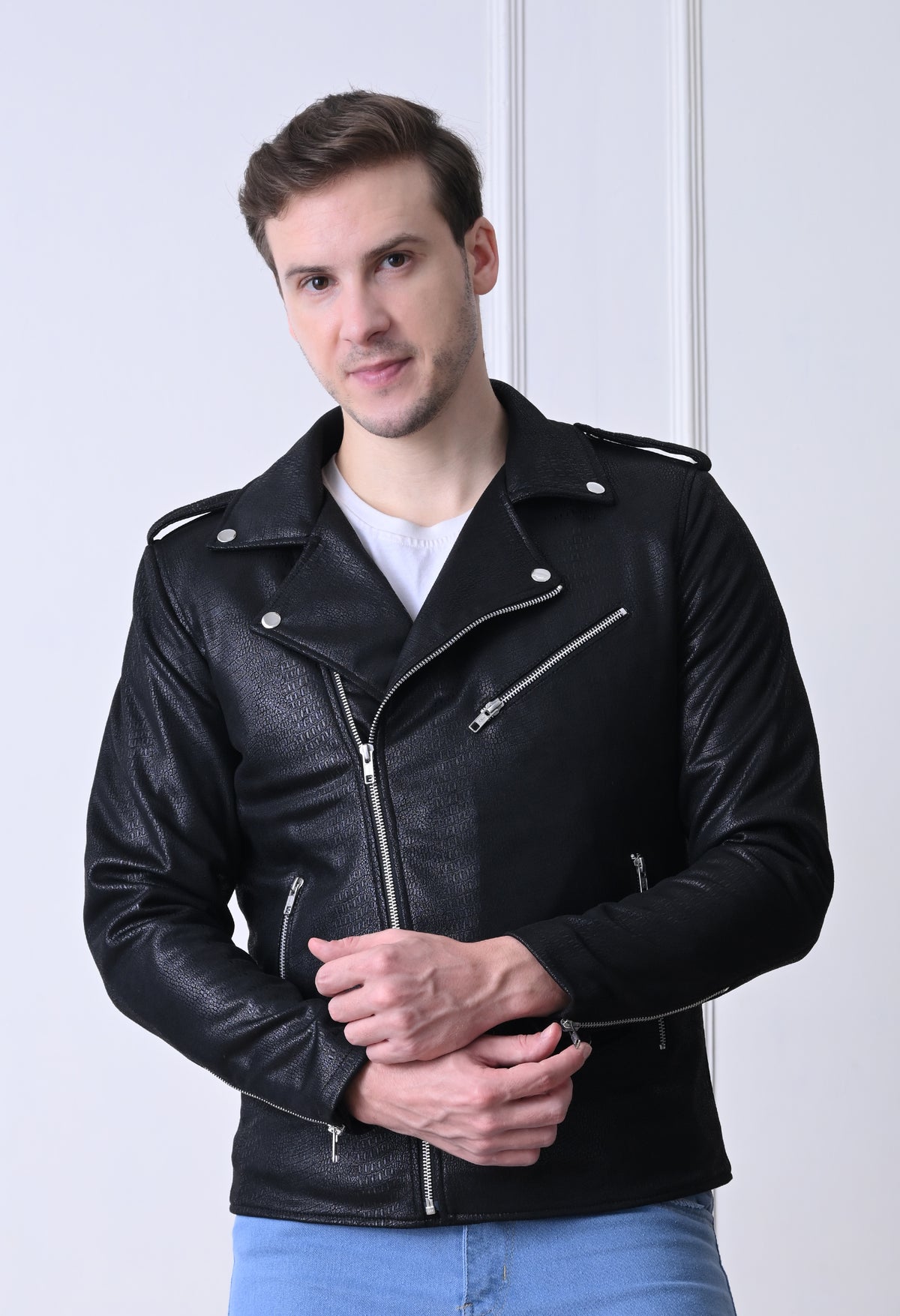Men Lapel Collar Solid Water Resistant Leather Jacket – view 3