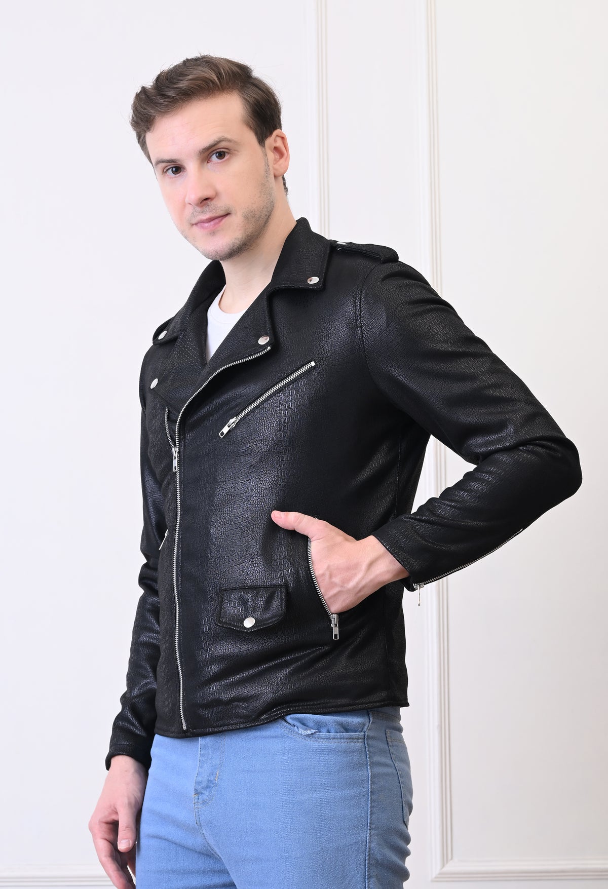 Men Lapel Collar Solid Water Resistant Leather Jacket – view 4