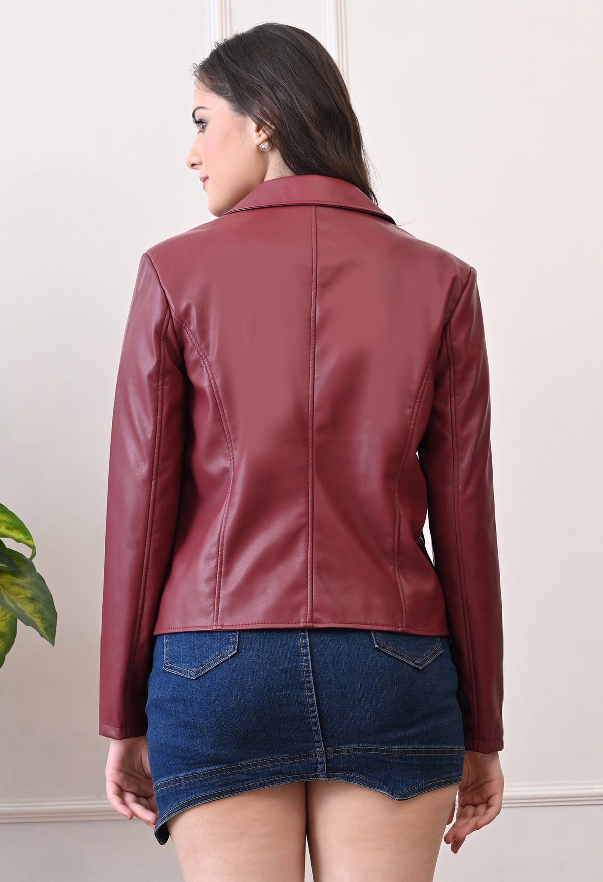Lapel Collar Leather Water Resistant Crop Outdoor Bomber Maroon Jacket For Women – view 2