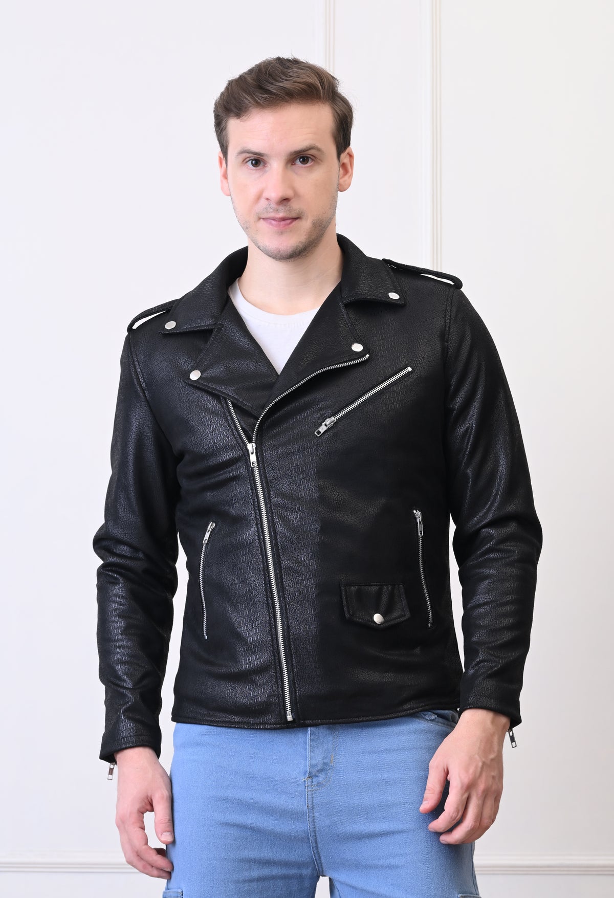 Men Lapel Collar Solid Water Resistant Leather Jacket – view 5