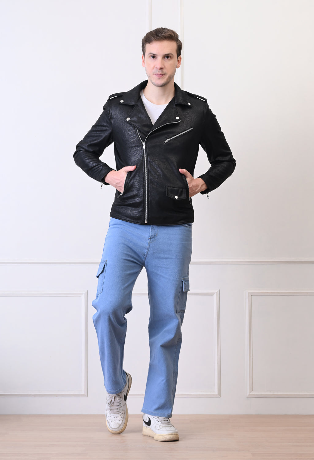 Men Lapel Collar Solid Water Resistant Leather Jacket – view 6
