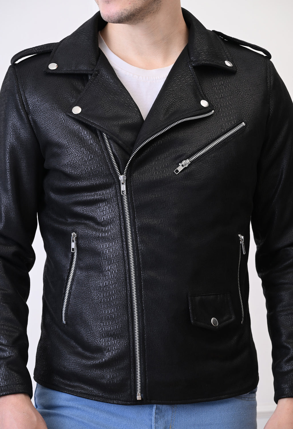 Men Lapel Collar Solid Water Resistant Leather Jacket – view 7