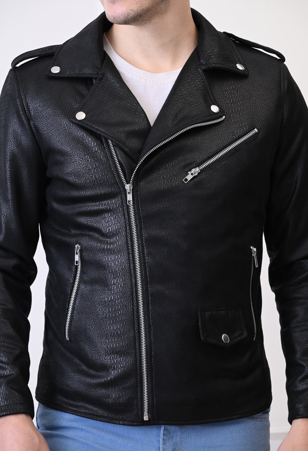 Men Lapel Collar Solid Water Resistant Leather Jacket – view 7