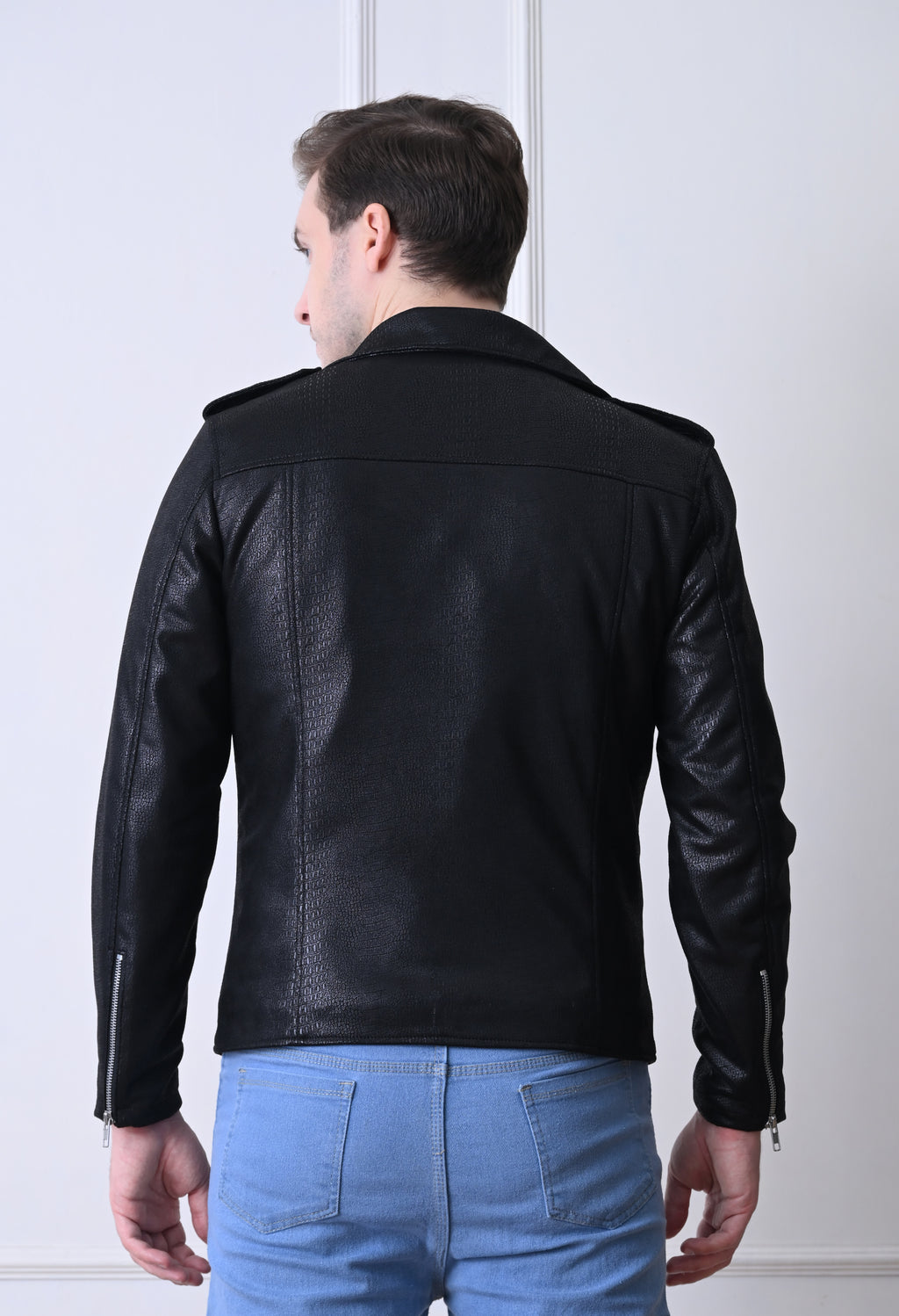 Men Lapel Collar Solid Water Resistant Leather Jacket – view 8