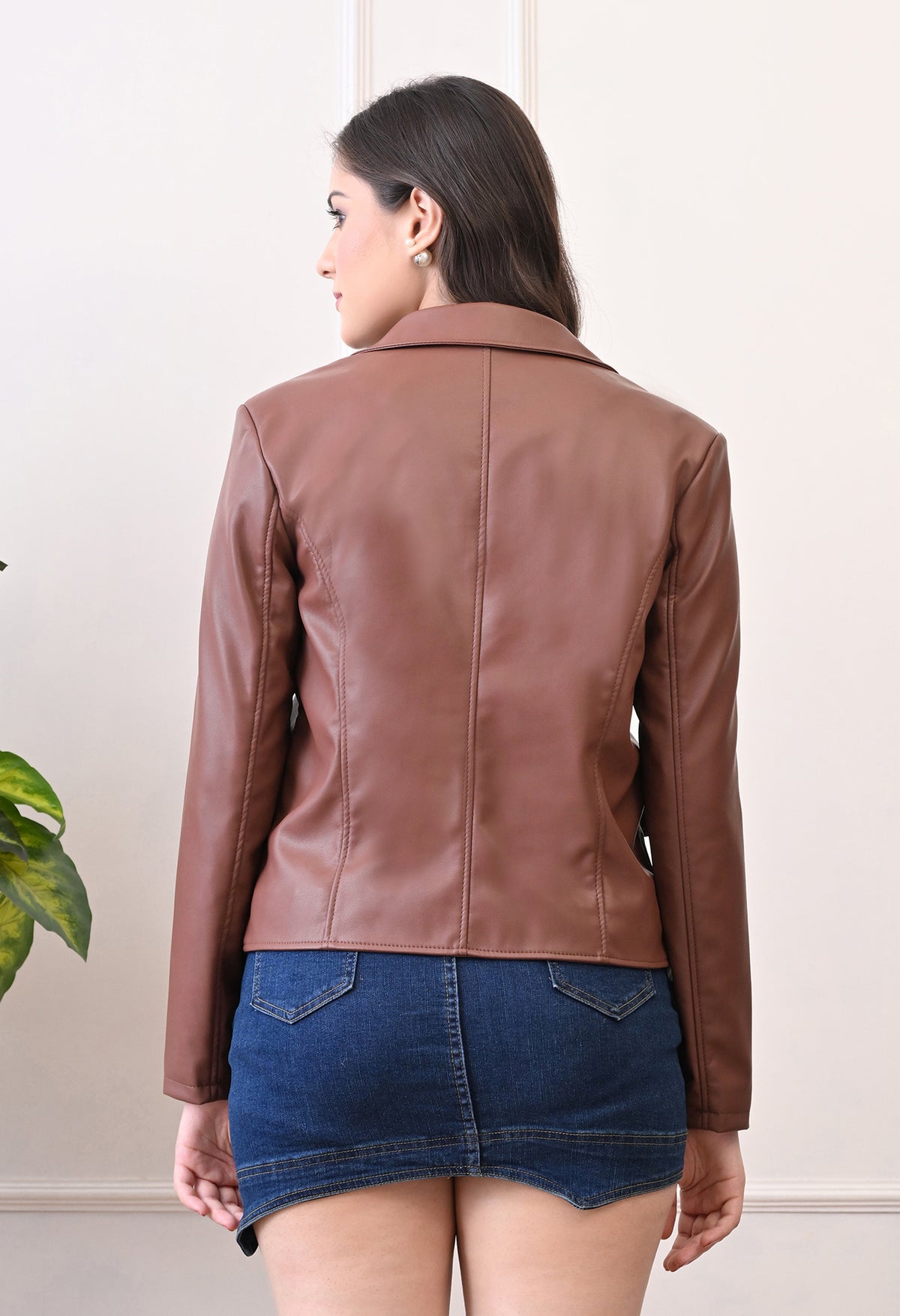 Lapel Collar Leather Water Resistant Crop Outdoor Biker Tan Jacket For Women. – view 2