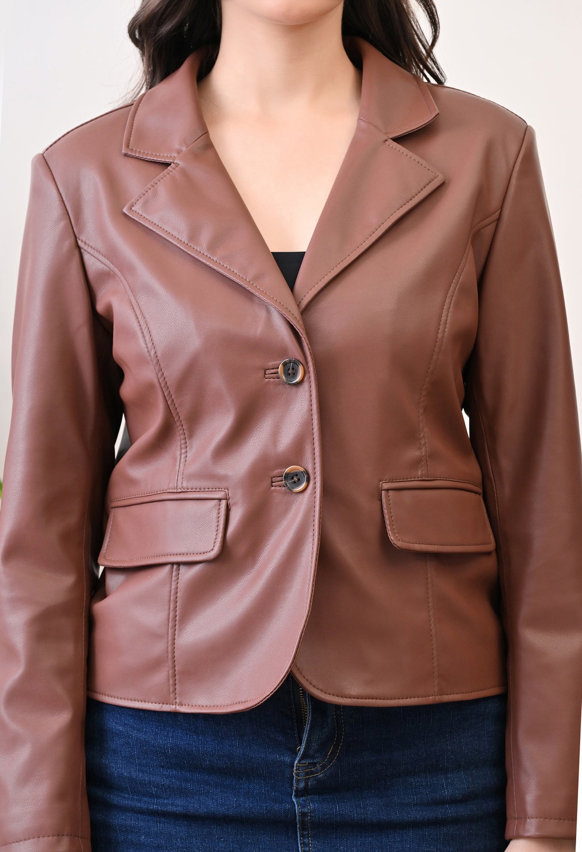 Lapel Collar Leather Water Resistant Crop Outdoor Biker Tan Jacket For Women. – view 5