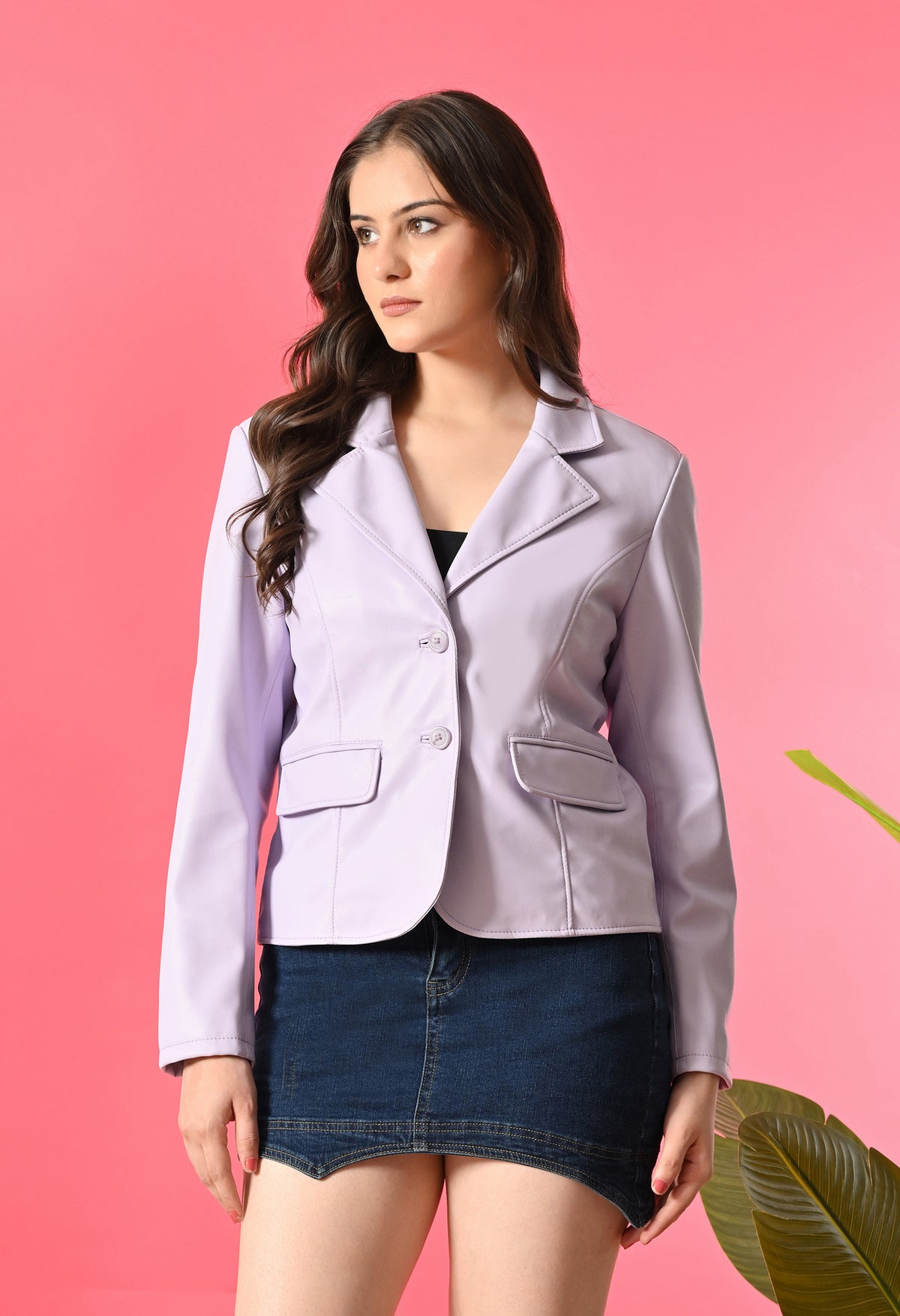 Lapel Collar Leather Water Resistant Crop Outdoor Lavender Jacket For Women. – view 4