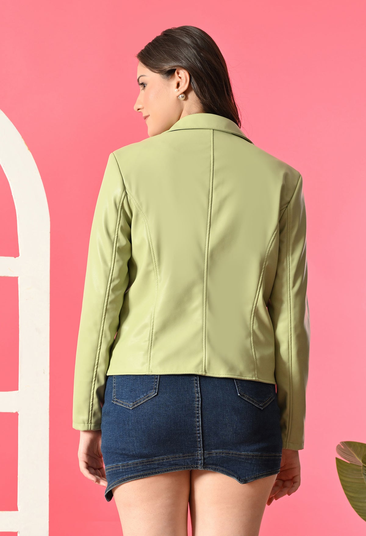 Lapel Collar Leather Water Resistant Crop Outdoor Bomber Neon Jacket For Women. – view 2