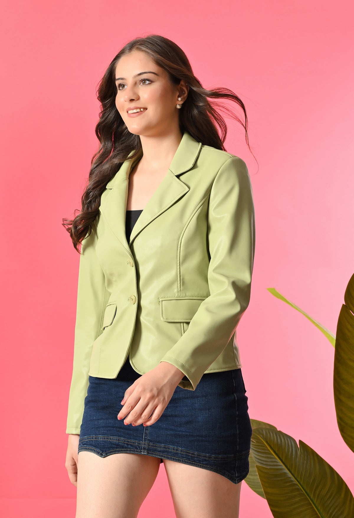 Lapel Collar Leather Water Resistant Crop Outdoor Bomber Neon Jacket For Women. – view 4