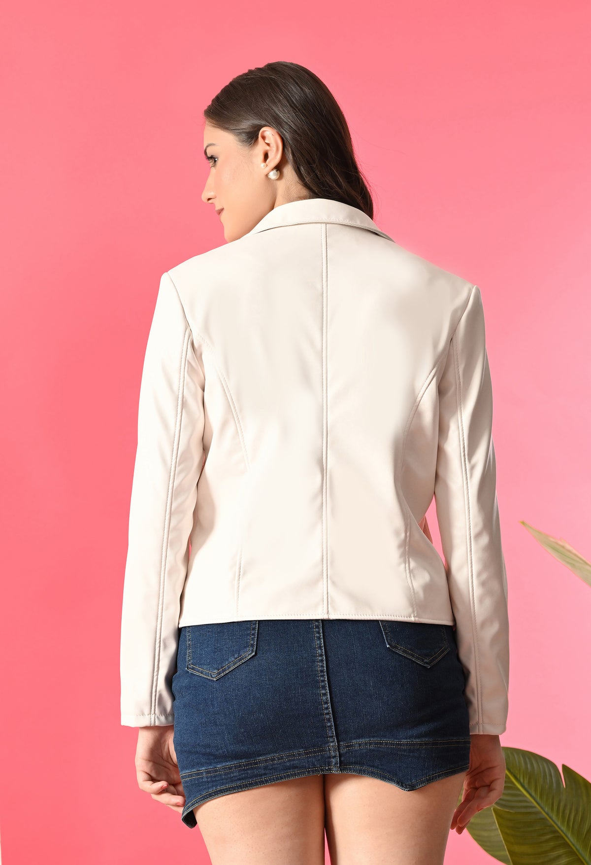 Lapel Collar Leather Water Resistant Crop Outdoor Biker White Jacket For Women. – view 2