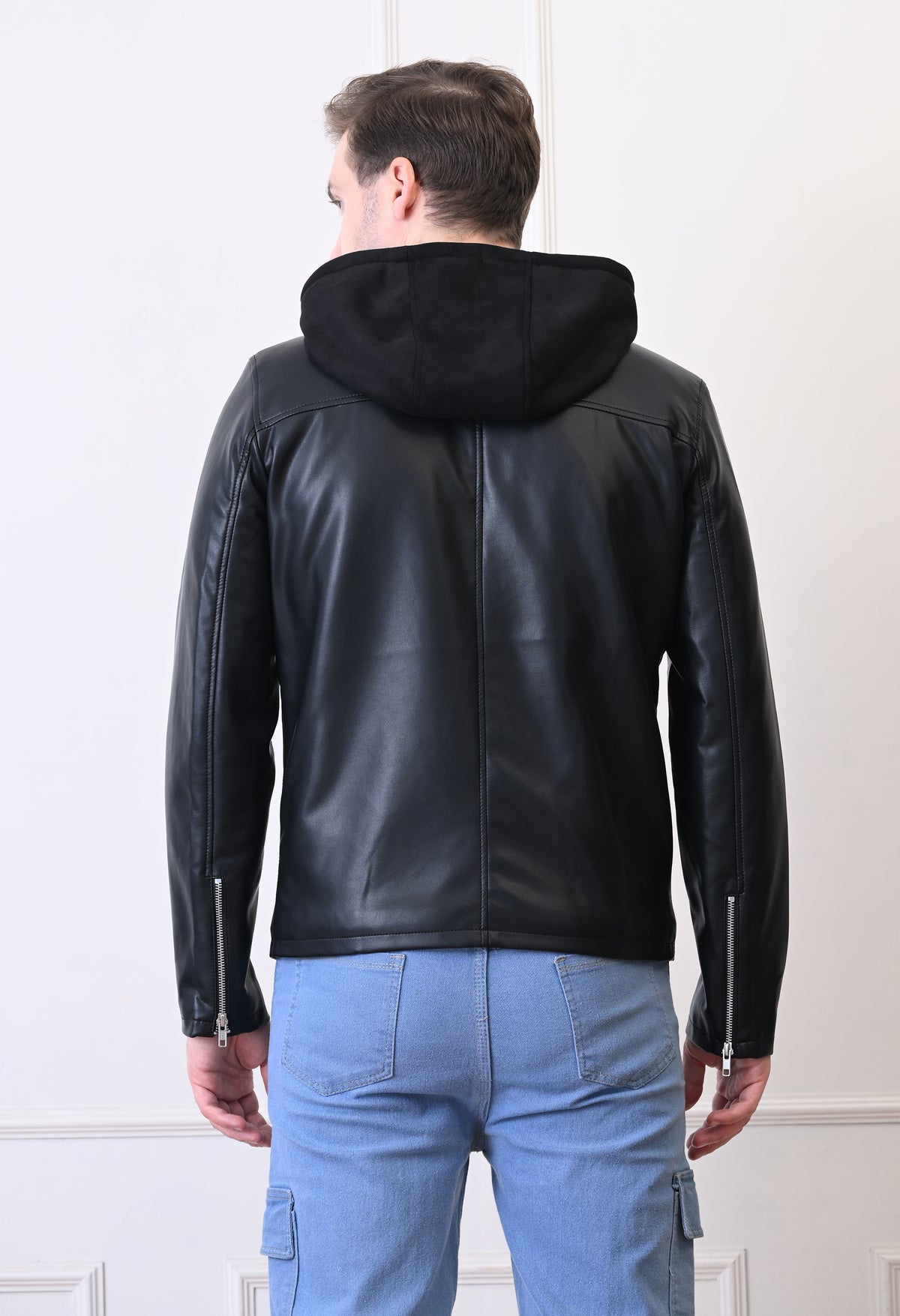 Men Hood Collar Solid Casual Black Biker Jacket – view 2