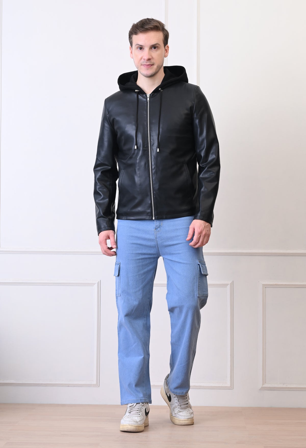 Men Hood Collar Solid Casual Black Biker Jacket – view 3