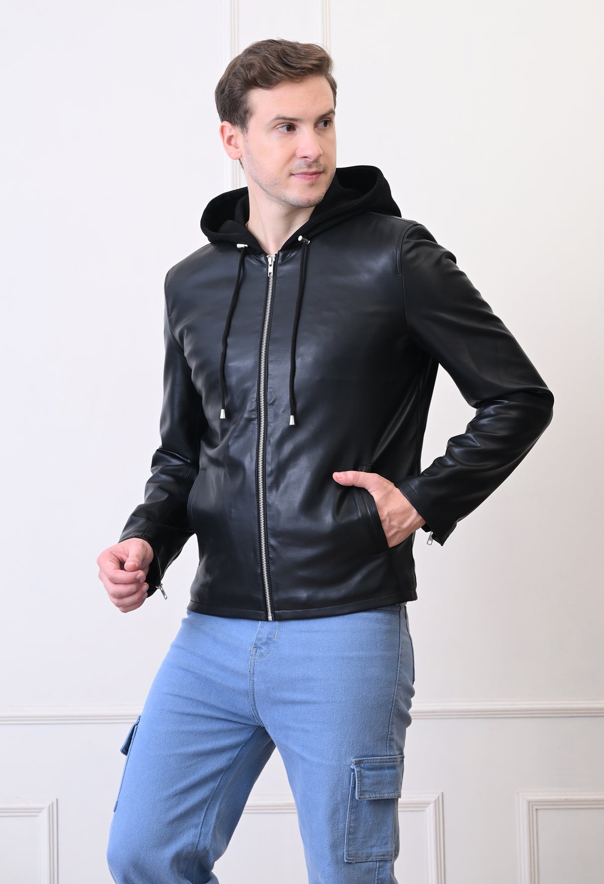 Men Hood Collar Solid Casual Black Biker Jacket – view 4